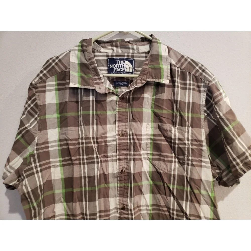 Men's XXL The North Face button down‎ short sleeve shirt: Green & Gray plaid